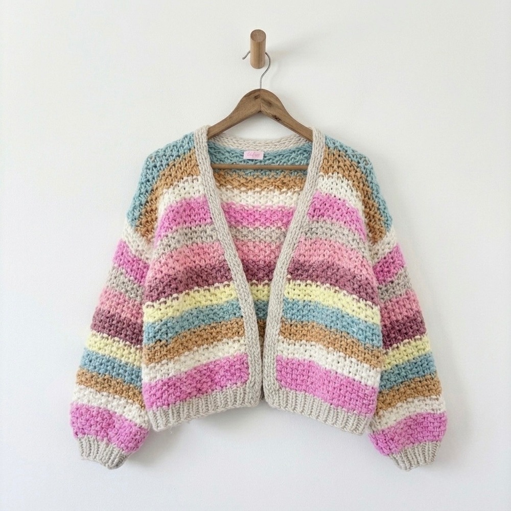 Pink Lily Pastel Colorful Striped Open Front Chunky Knit Oversize Cardigan Small